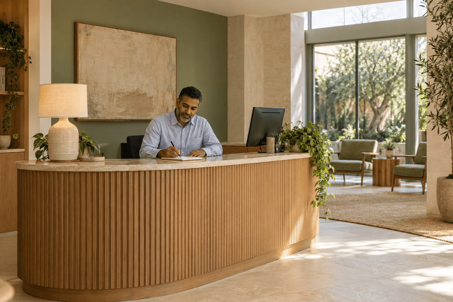 Illustrative practice scene: a receptionist writing a callback note at an oak desk.