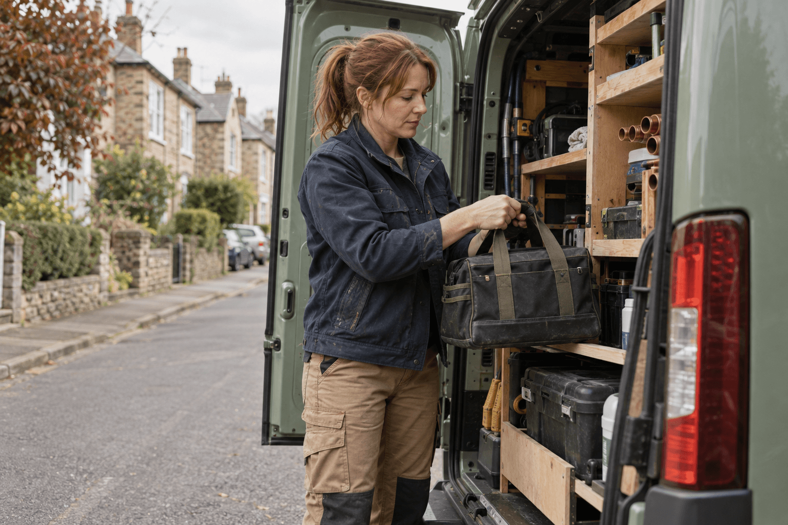 Illustrative trades scene: a plumber collecting her tool bag from a van before a job.