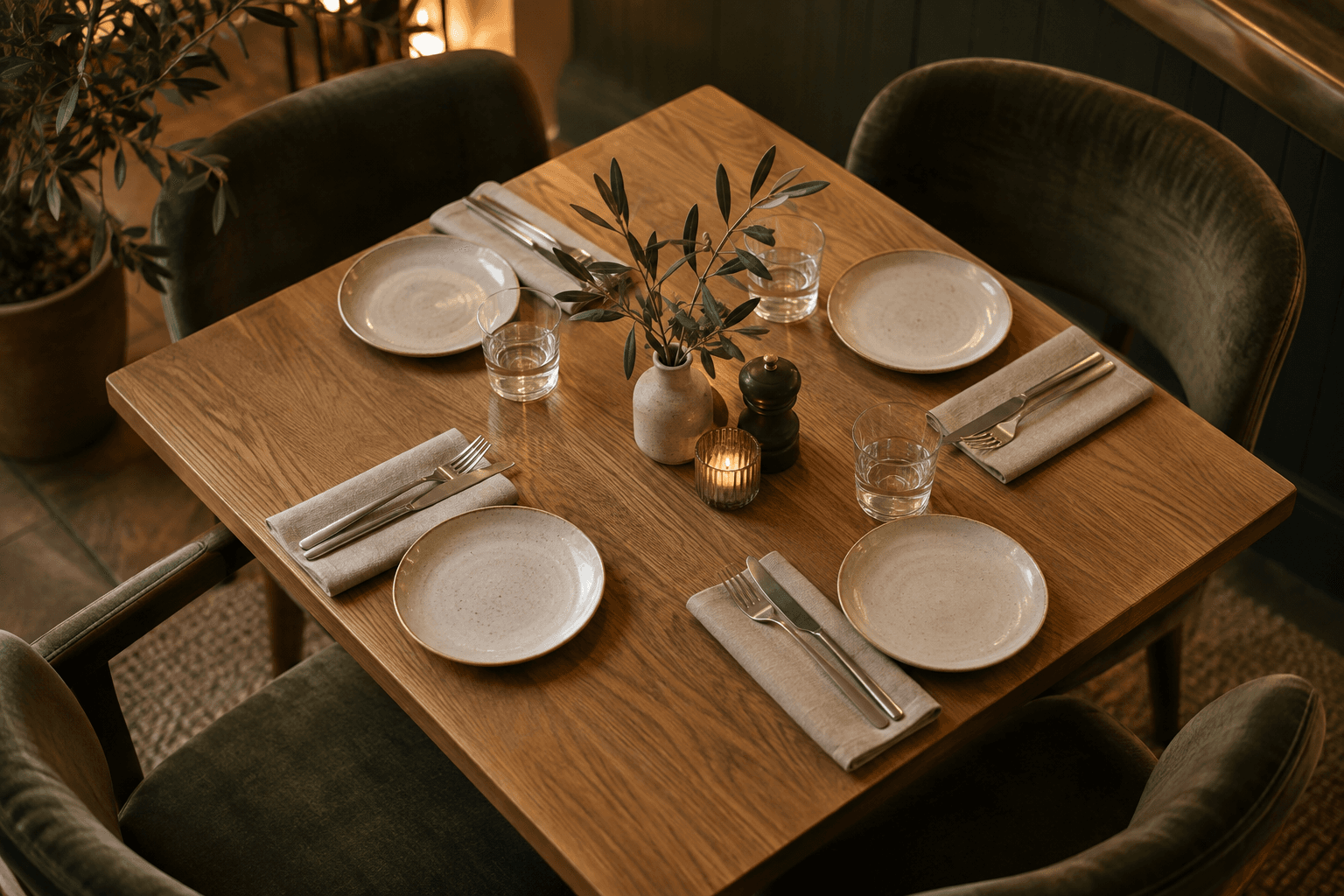 Illustrative restaurant scene: an oak table set for four with linen napkins and an olive branch.