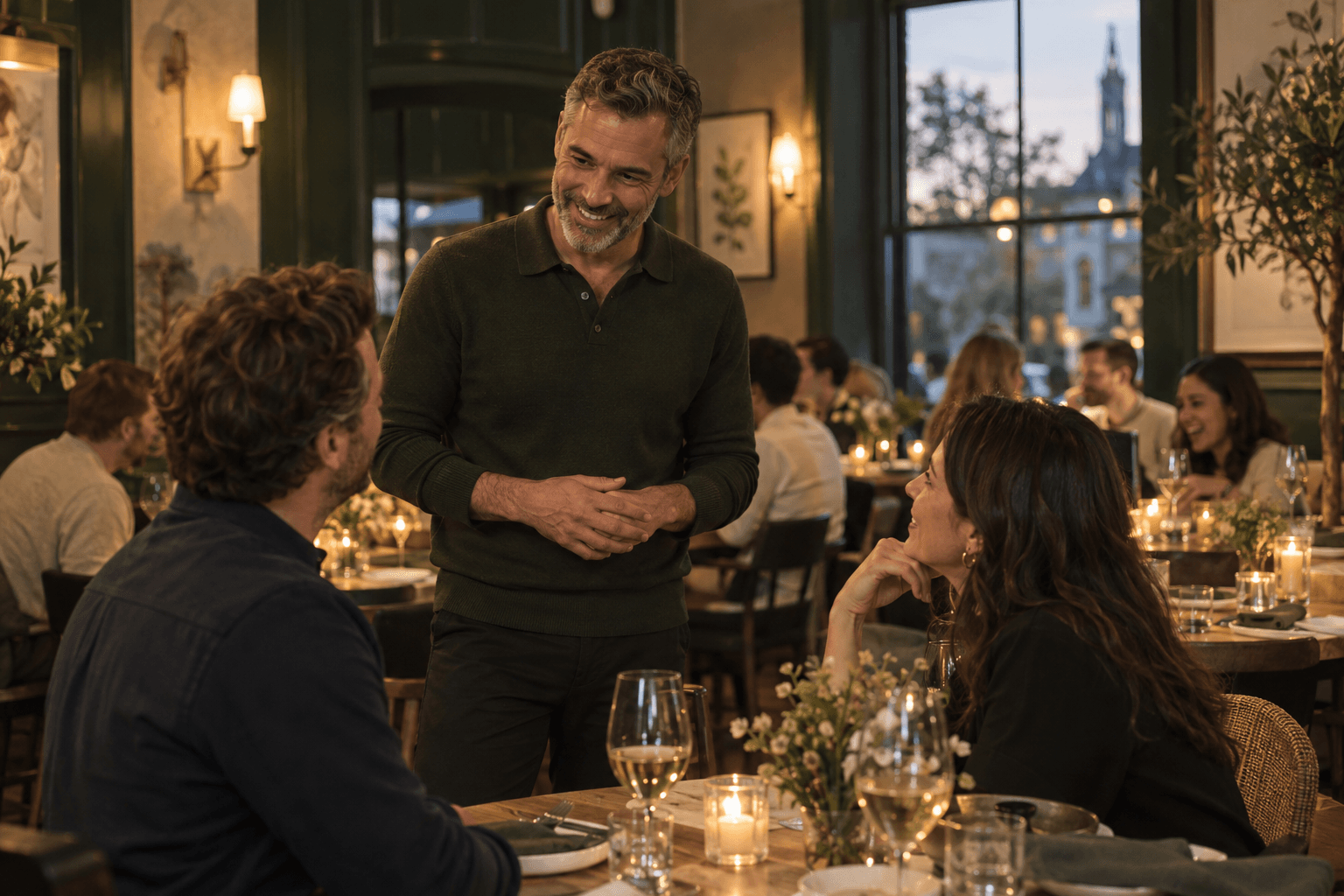 Illustrative restaurant scene: a host listening to guests during evening service.
