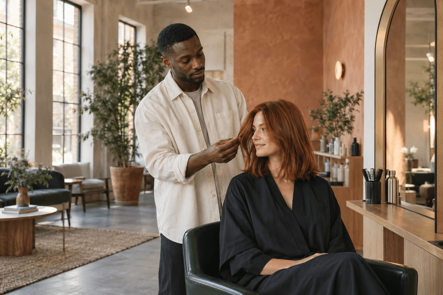 Illustrative salon scene: a stylist consulting with a client about her hair.