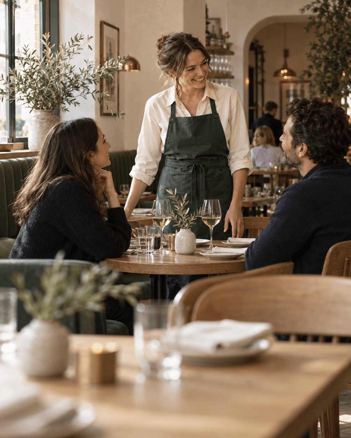 A restaurant owner welcoming her guests in a warm neighbourhood dining room.