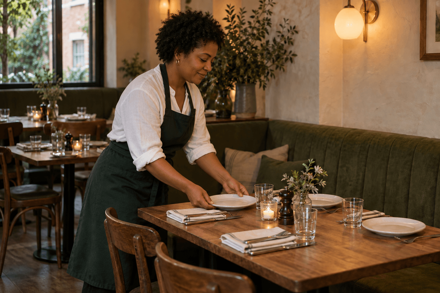 A restaurant owner setting a table before evening service.