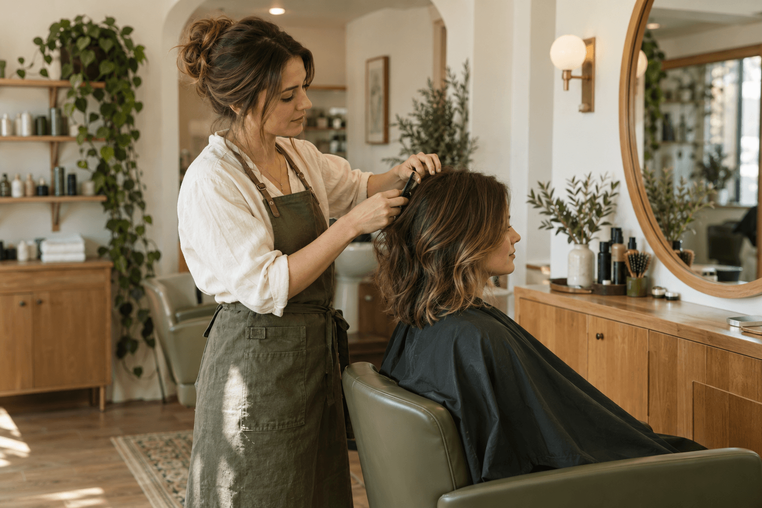 A hairstylist giving a client her full attention.