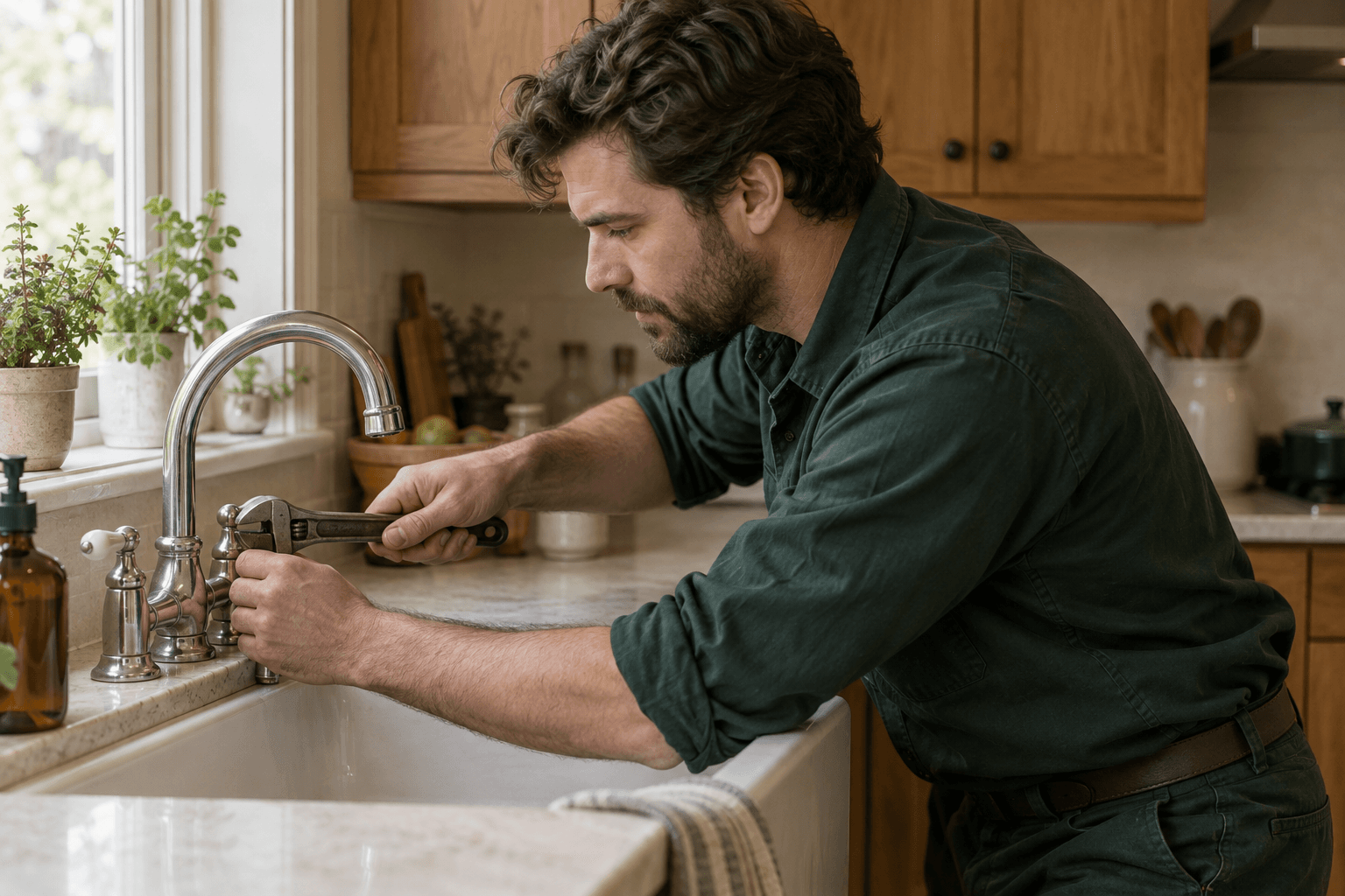 A plumber concentrating on a kitchen tap repair.